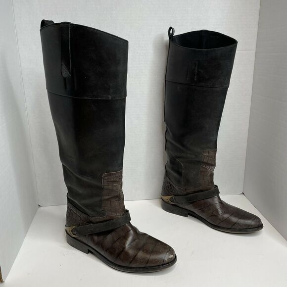 Golden Goose Black Brown Charlie Knee High Distressed Golden Boots Size 36 (5.5) - Picture 2 of 12